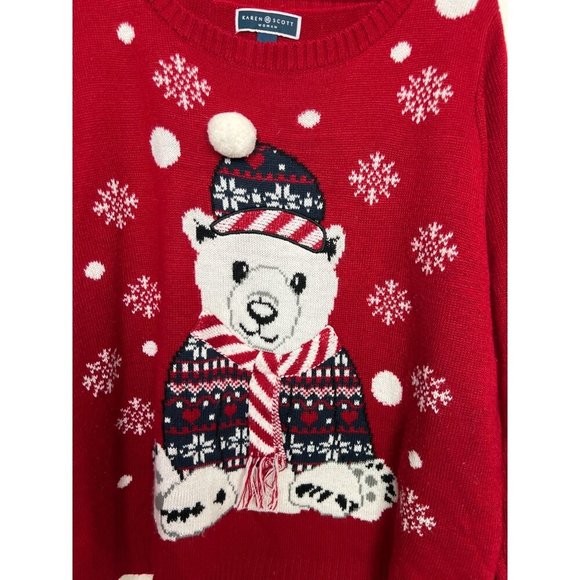 Karen Scott Ugly Christmas Sweater 2X Teddy Bear Scarf Snowflakes - Picture 5 of 6